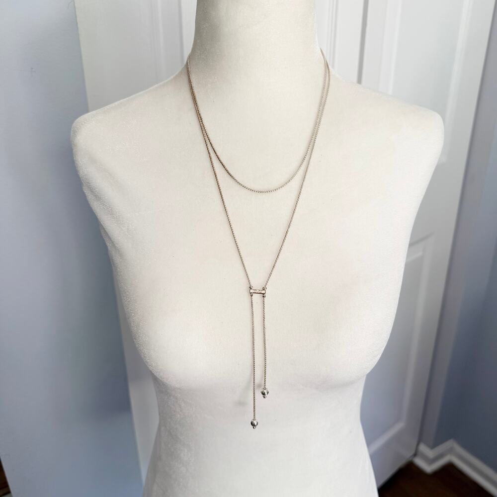 Lariat Style Y Drop Double Rope Chain Silver Tone Elegant Statement Necklace
